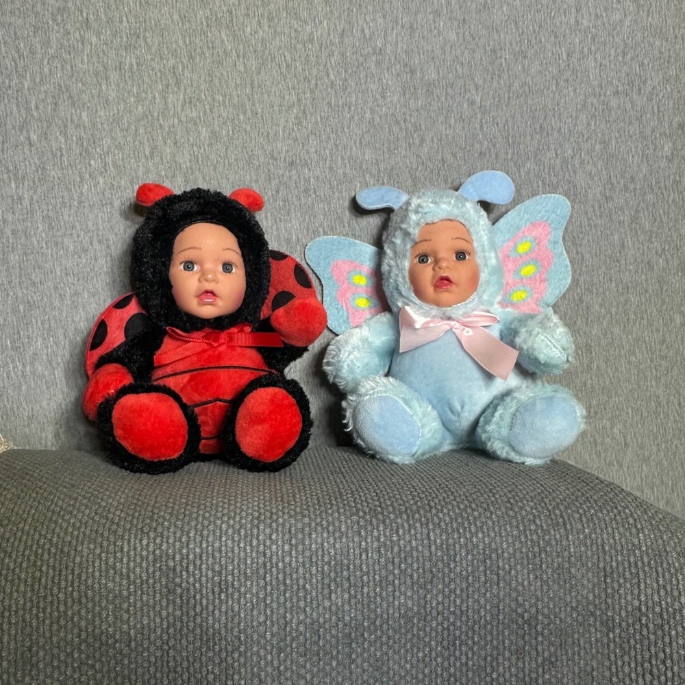 Megatoys Plush Baby Doll Set VTG Ladybug and Butterfly Costumes 8"Vinyl Face